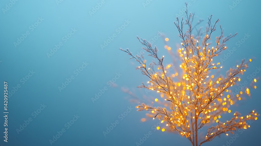 Poster christmas tree with lights on a blue background with bokeh and copy space for text, closeup. christm