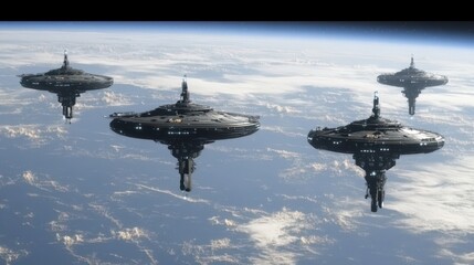 Futuristic Space Stations Orbiting Earth in a Cosmic Landscape