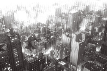 Monochrome Cityscape Illustration with Skyscrapers and Digital Noise in a Futuristic Atmosphere