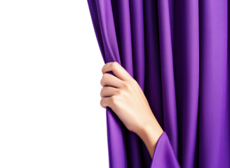 Female hand pulling back purple curtain, isolated on a transparent background