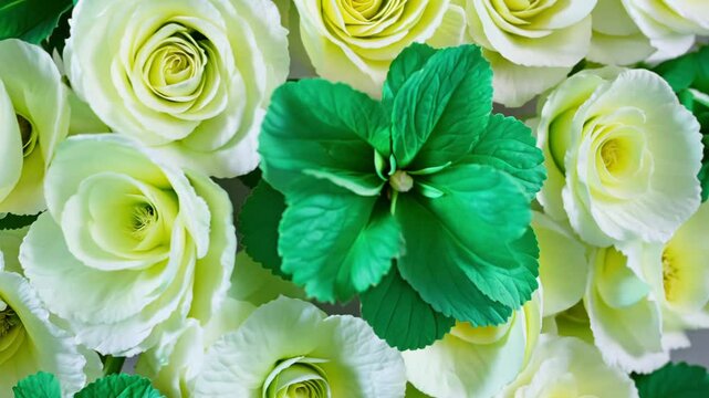 Camera performs 360-degree rotation to showcase luxurious mono lisianthus wall, one bright emerald lisianthus among white, delicate blooms, high key lighting