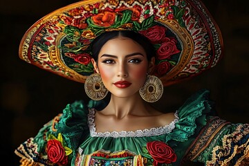 Vibrant portrait of a confident woman in traditional Mexican attire, perfect for Cinco de Mayo celebrations, cultural events, and promotional materials for heritage festivals.