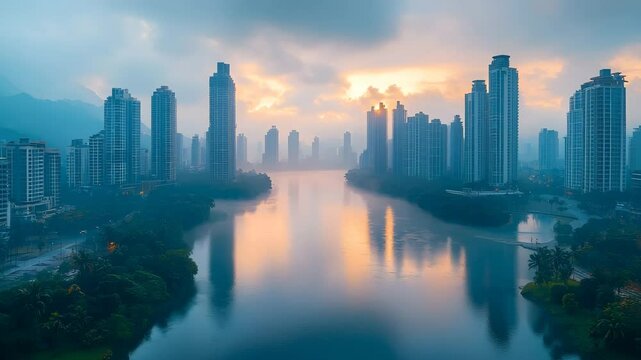 Majestic Skyline Reflected in Tranquil River at Sunset