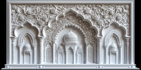 Intricate white architectural wall panel featuring floral arabesque designs