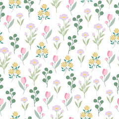 coquette seamless flowers pattern. Delicate petals and vibrant blossoms create an artistic and vintage botanical illustration. Perfect for wallpaper, fabric, wrapping paper and more.