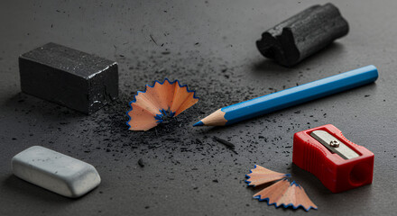 Sharpened Blue Pencil with Shavings Graphite Eraser and Sharpener on Dark Surface
