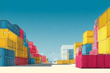 Fototapeta premium Colorful Shipping Containers Stacked High in Port, Global Trade and Logistics, Efficient Cargo Transport System, Vivid Industry Scene, International Commerce.
