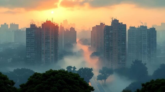 Misty Skyline Cityscape at Magical Sunrise with Tall Buildings Fading into the Haze