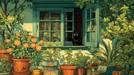 黒猫と植物に囲まれた癒しの窓辺　光差し込むインテリア　グリーンと花に包まれたおしゃれな部屋のイラスト素材　夏の午後を感じるナチュラルで落ち着いた空間演出に最適な背景イラスト