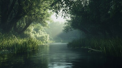 Obraz premium Serene river landscape with lush greenery and sunbeams piercing the mist
