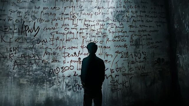 Man facing a wall of cryptic writings in a dark room, a mystery unfolds in a dimly lit space, creating an atmosphere of suspense and intrigue.