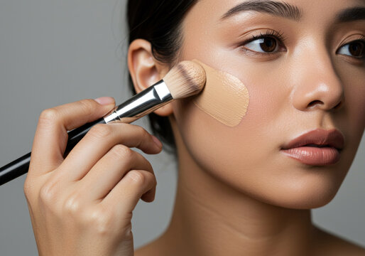 Woman applying face with concealer brush,
