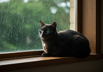 Cat sitting on window sill, gazing outside at passing birds.