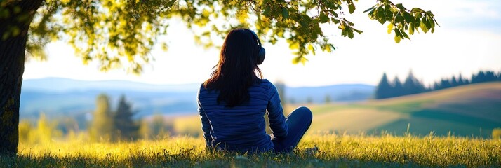 woman sitting in park under tree on sunny day listening to music and podcast in headphones