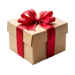 Obraz premium Elegant gift box wrapped in kraft paper with red satin ribbon. Ideal for Christmas, Valentine's Day, birthdays, e-commerce product displays. Isolated on transparent background.