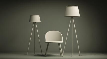 A minimalist scene featuring a chair and two floor lamps against a dark background.