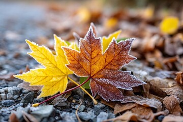 Fallen autumn leaf covered in frost crystals, highlighting texture and the contrast of nature shift