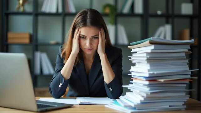 Frustrated Businesswoman with Stacked Documents &ndash; Workplace Stress and Overload

