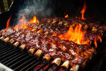 Fototapeta premium barbecued pork ribs on a fiery grill, with flames and smoke enhancing the rich textures and colors of the meat, perfect for a bold and appetizing presentation