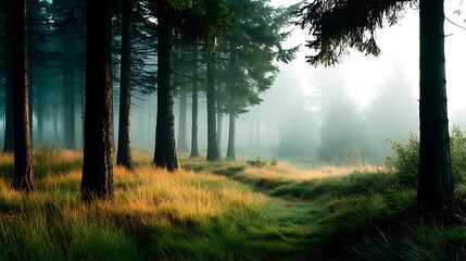 Obraz premium Serene Forest Landscape with Misty Atmosphere and Lush Green Grass in Early Morning Light