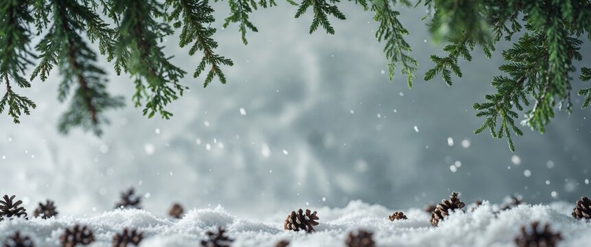 Festive winter background featuring snowy texture framed by evergreen wreaths.