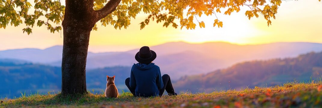 woman sitting under tree with kitten