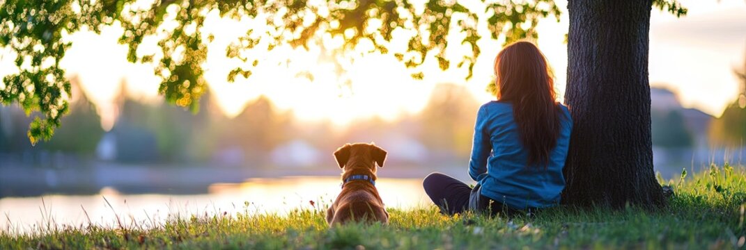 woman sitting under tree with puppy 