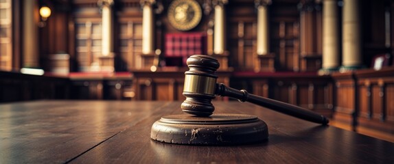 Gavel resting on wooden table in historic courtroom during a legal proceeding with ornate decor.