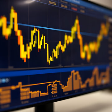 Abstract financial trading graphs and digital number of foreign exchange market trading on monitor. Background of gold and blue digital chart to represent stock market trend.