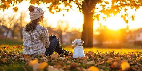 woman sitting under tree with puppy 