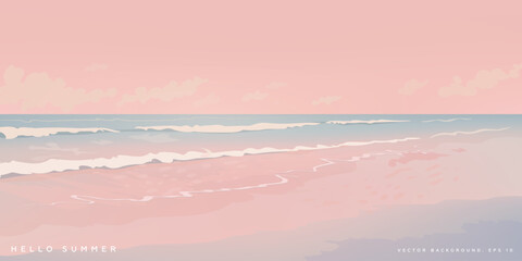 Hello summer wallpaper, horisontal wab banner, poster, greeting card design template. Hand drawn realistic tropical ocean sunrise beach landscape with pink sand and waves. Vector illustration
