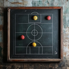 Chalkboard with basketball court and colorful balls