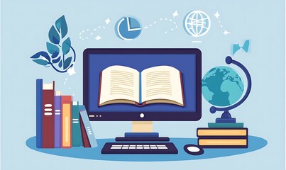 A workspace featuring a computer, open book, globe, and books, symbolizing online education, A sleek and understated design for a virtual learning environment ,