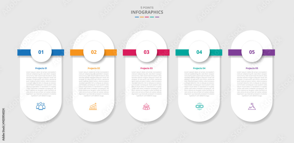 Poster 5 points template infographic with round box capsule standing with horizontal badge circle with drop