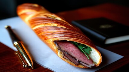 Realistic Vietnamese Banh Mi with Tender Meat and Fresh Herbs on a Rustic Table Setting