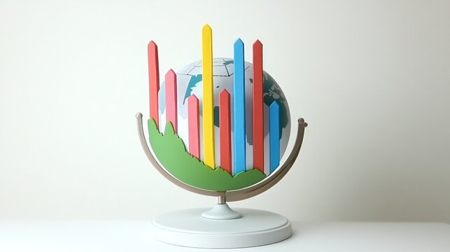 Colorful bar graph representation of global data on a rotating globe.