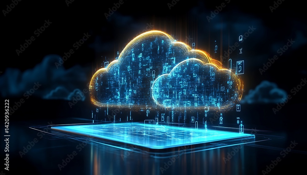 Poster digital informational technology web futuristic hologram with cloud icon, blue golden light digits a