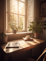 Working from Home with Laptop, Coffee and Plants by Window