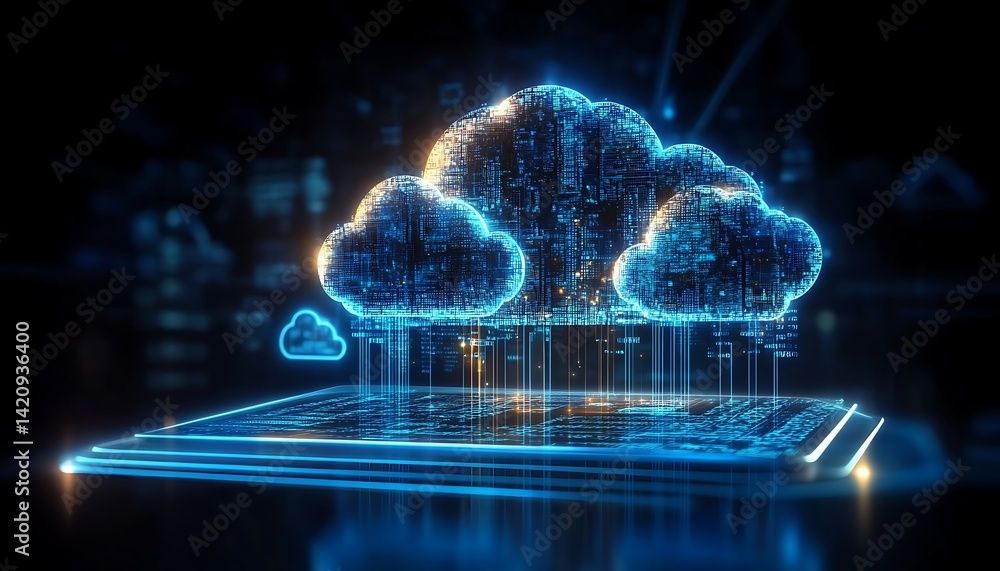 Poster digital informational technology web futuristic hologram with cloud icon, blue golden light digits a