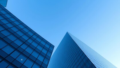 Naklejka na ściany i meble Low angle view of modern glass skyscraper against clear blue sky, finance, outlook