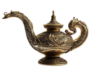 Fototapeta premium Ornamental brass teapot with intricate dragon spout design on black background