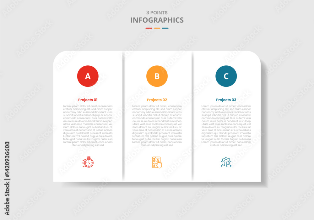 Poster 3 points template infographic with round box unite with circle badge on top with drop shadow style w
