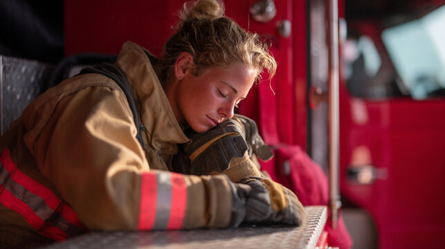 Exhausted firefighter taking a nap in fire truck after long shift emergency services professional female