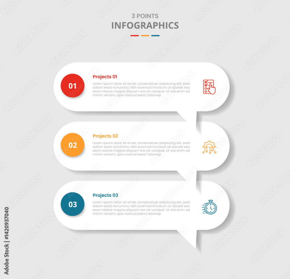 Poster 3 points template infographic with round rectangle discussion commentary box stacked list with drop 