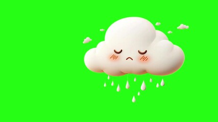 An animation of a sad cloud emoji with rain droplets. The cloud has pink blushing cheeks and is centered on a green screen background. - Powered by Adobe
