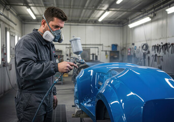 A man in a mask and overalls fixing a car.