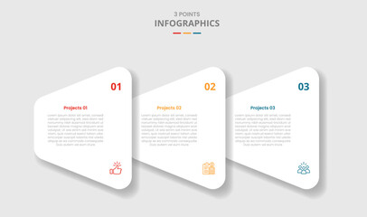 3 points template infographic with creative round triangle stacked layer on horizontal direction with drop shadow style with three stage list information