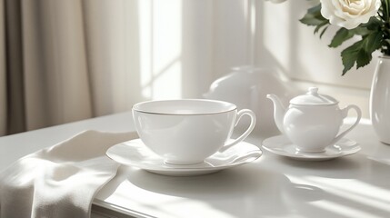 Elegant white tea set bathed in soft, natural light on a white table top
