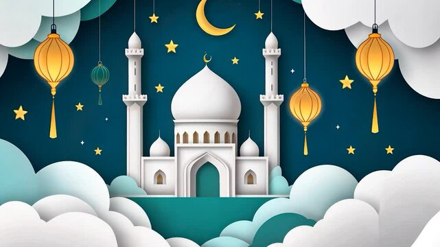 Night Mosque Scene with Paper Cut Clouds and Lanterns