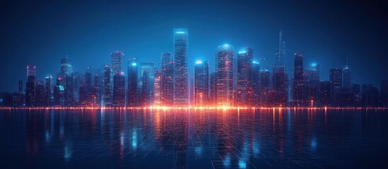 Futuristic Cityscape at Night: Neon Lights Reflecting on Still Water